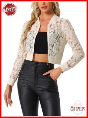 Sheer Lace Gothic Crop Jacket Stand Collar Zip Up